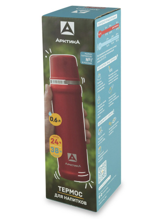 Термос Арктика с узким горлом и пробкой с кнопкой, 0,6л Красный